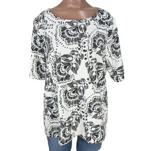 Chico's 2 (Large) White & Black Floral Print Short Sleeve Casual T-Shirt